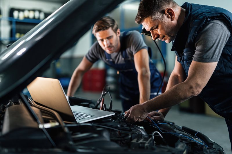 Mechanic using laptop for computerised car engine diagnostics at Torque Experts